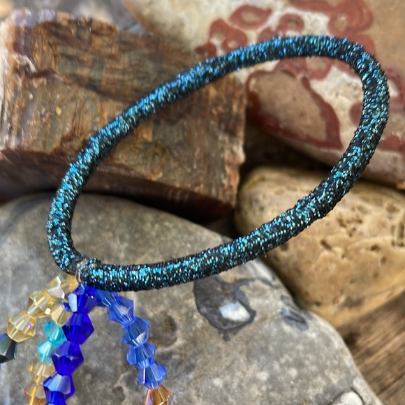 Hair Elastic Enhanced w Multifaceted Crystal Beads in Blue & Gold Handmade - Picture 5 of 5
